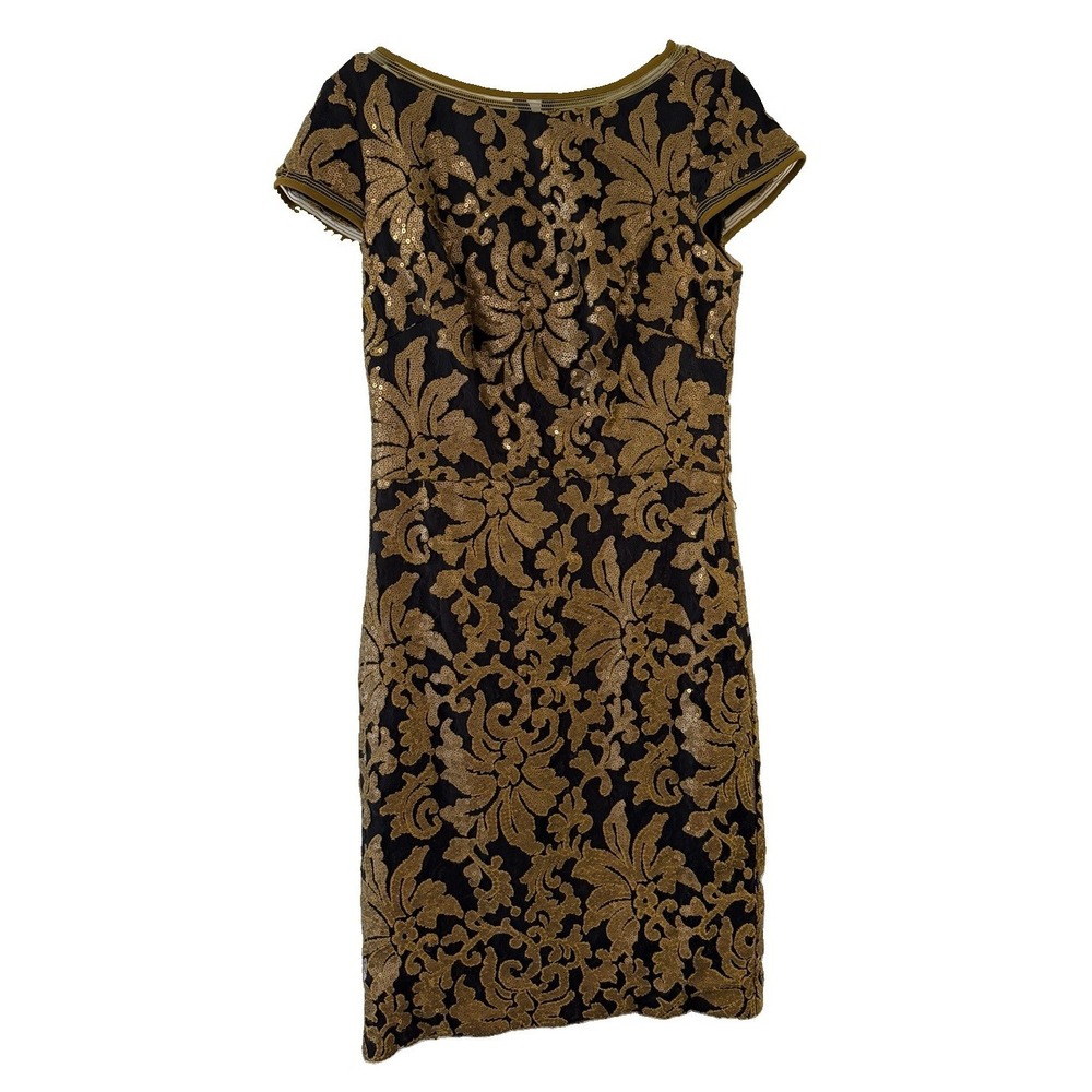 Tadashi Shoji Black Gold Sequin Lace Sheath Dress Floral Embroidered Fitted 4